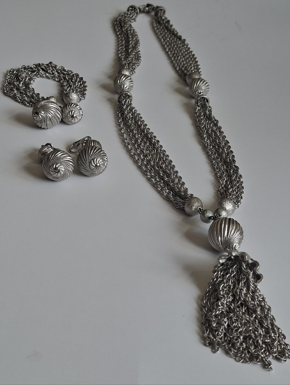 Vintage Crown Trifari 3 Piece  Chain, Bracelet And Matching Clip-on Earrings.